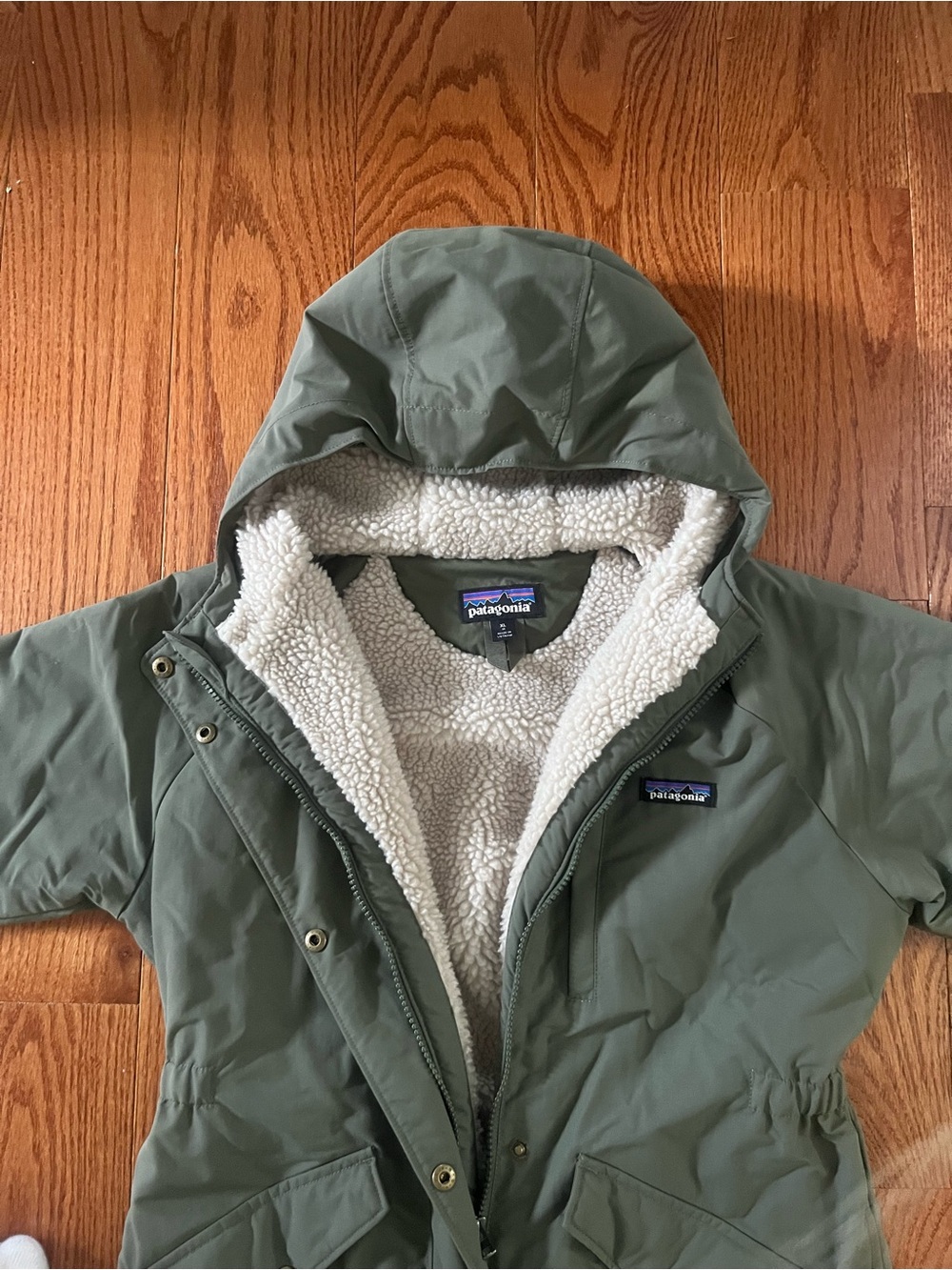 Patagonia Kids Olive Hooded Puffer with Cream Sherpa Lining